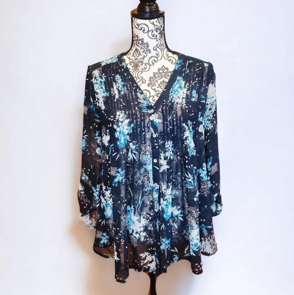 A Peas In The Pod Sheer Floral Button Up Maternity Blouse Size S In Blue